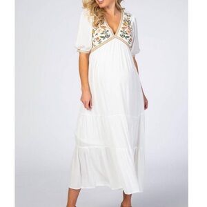 Womens In Bloom White Maxi Dress with Floral Embroidery, empire waist.